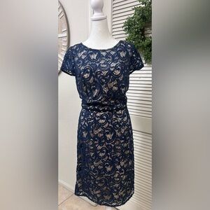Navy Lace Midi Dress with Neutral Lining